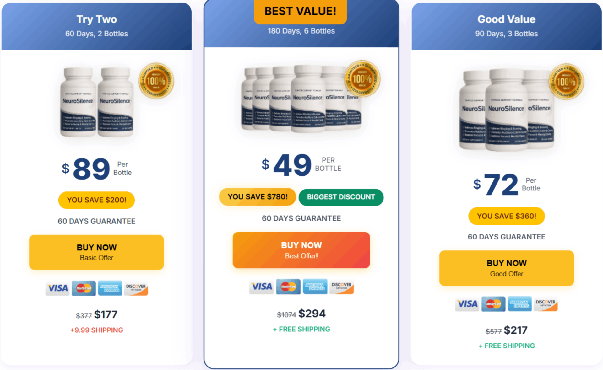 Neuro Silence pricing — 2, 3 and 6 bottle packages